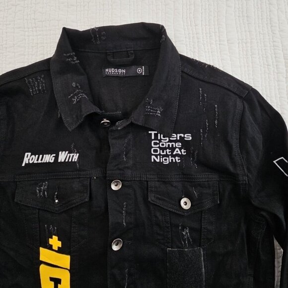 Hudson Outerwear Stretch Denim Jacket Men's Medium Black Long Sleeve Logos EUC - Picture 5 of 16